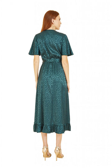 Green Jacquard Leopard Print Wrap Midi Dress Mela London